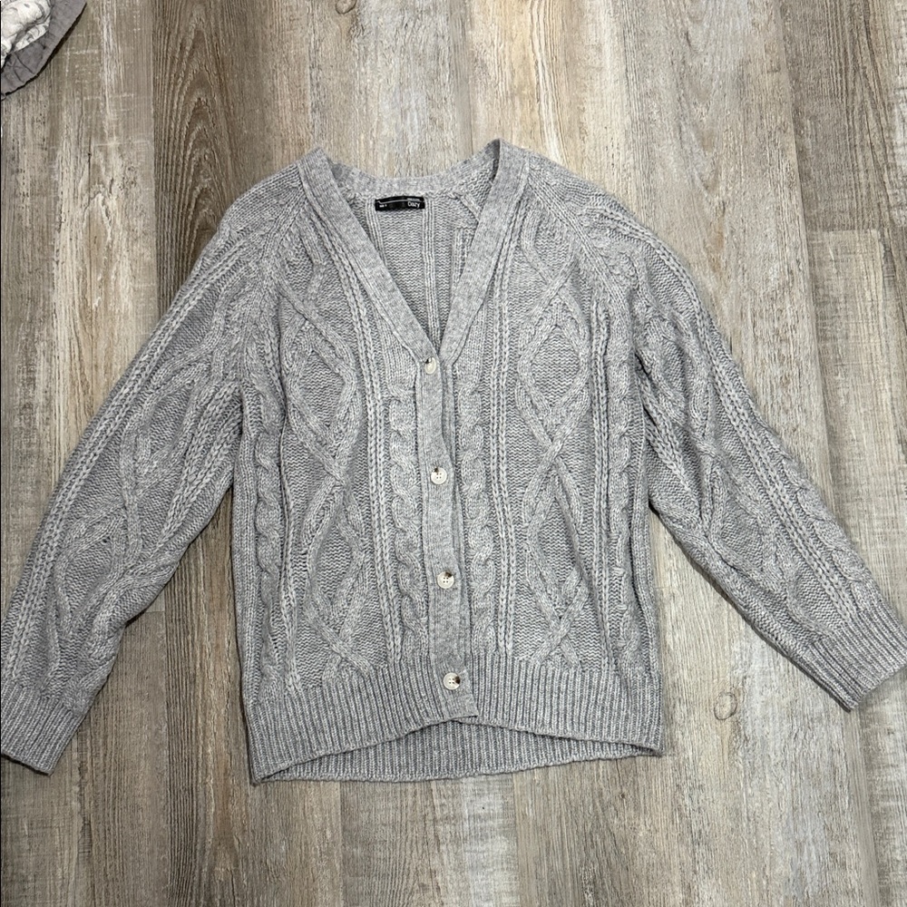 Gray Cable Knit Button-Front Women's Sweater Cardigan